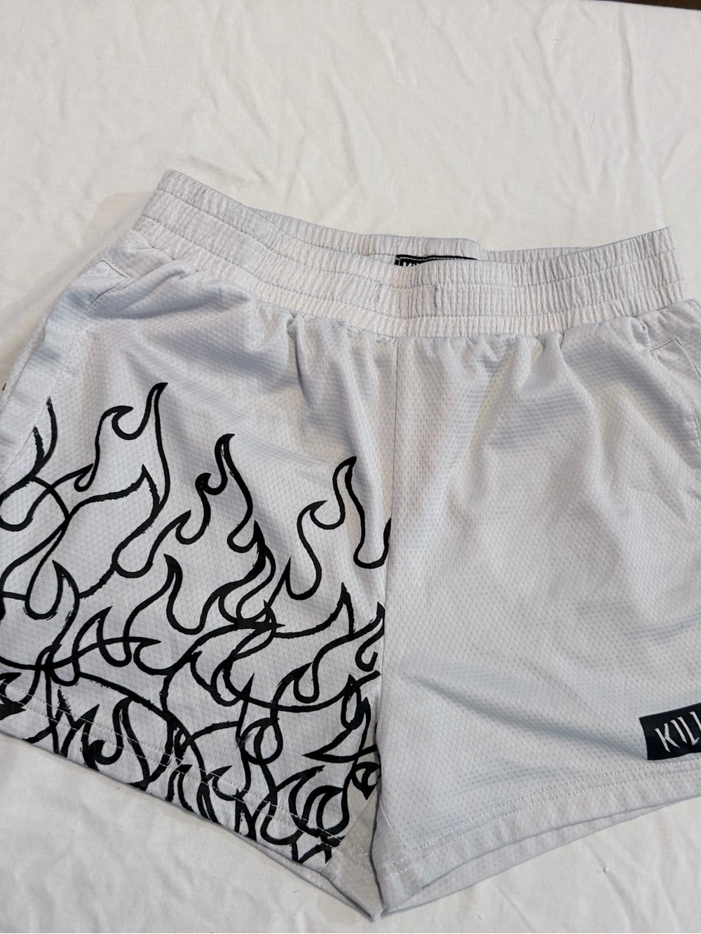 Kill Crew Men's White Mesh Athletic Shorts Flame Graphic Logo L 32W 3”Inseam